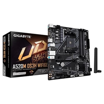 Gigabyte A520M DS3H WIFI6E AMD AM4 Socket Motherboard, Micro-ATX, 4x DDR4 Slots, 1x M.2 Socket, GbE LAN, Wi-Fi 6E, 1x DisplayPort / 1x HDMI Port