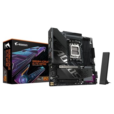 Gigabyte B850M AORUS ELITE WIFI6E AMD AM5 Socket Motherboard, Micro-ATX, 4x DDR5 Slots, 2x M.2 Sockets, Fitted I/O Shield, 2.5GbE LAN, Wi-Fi 6E, 1x DisplayPort
