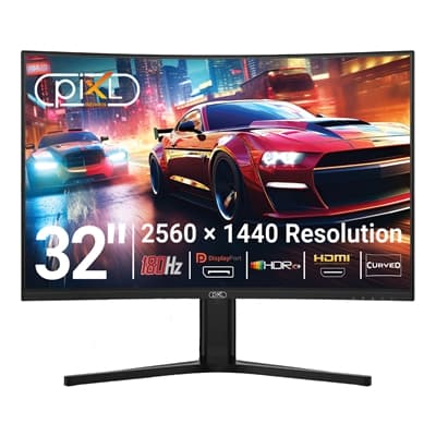 piXL X-Series GS32QIDPHA 32 Inch QHD VA, Curved (1500R) Gaming Monitor with 180Hz Refresh Rate, 2560 x 1440 Resolution, 1ms Response Time, HDR10+, Adaptive Sync, 2x HDMI 2.1 &amp; 2x DisplayPort 1.4, Height Adjustable